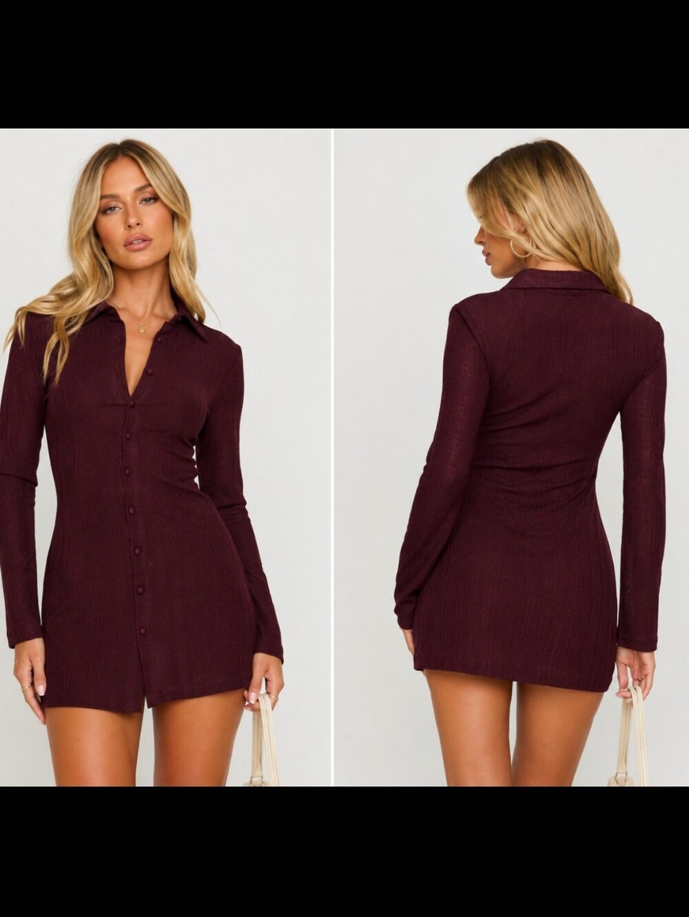 Princess Polly Ribbed Button-Front Mini Dress in Burgundy